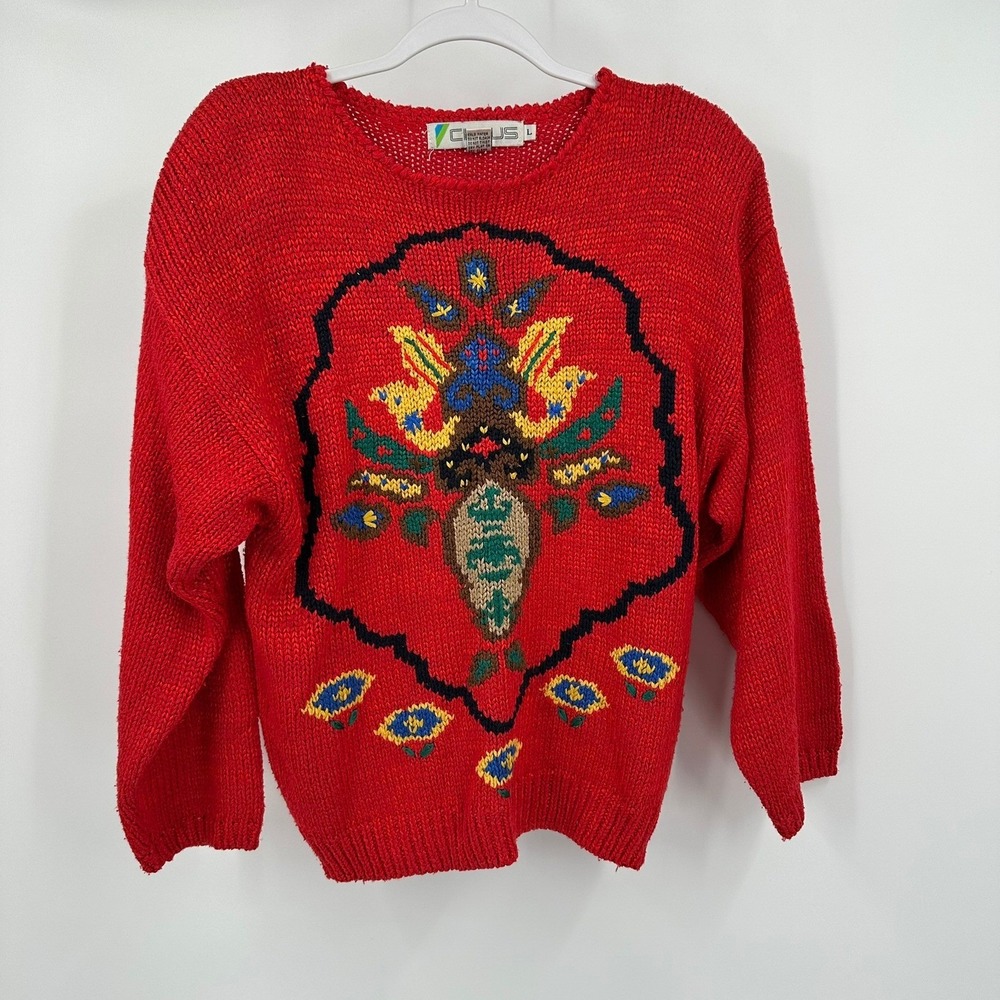 Womens Vintage Maximalist Silk Blend Sweater Sz L Folk Art Eclectic Bright Bold